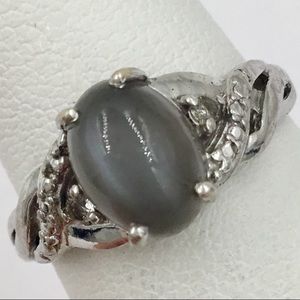 Sterling Silver Cabochon Gray Stone & CZ Ring